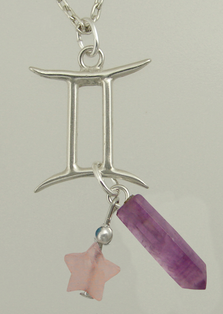 Sterling Silver Gemini Pendant Necklace With an Amethyst Crystal And a Rose Quartz Star